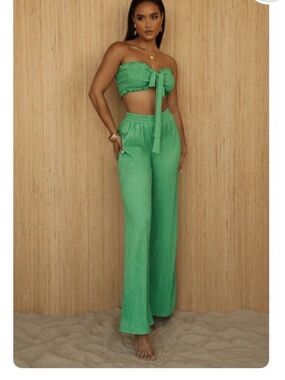 JLUXLABEL Green Strapless Tie-Front Crop Top & Wide Leg Pants Set